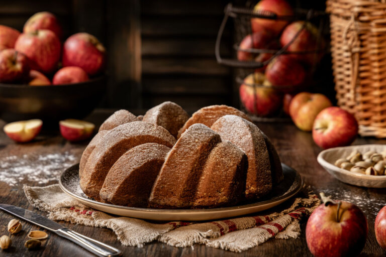 Bolo de maçã, pistácios e canela